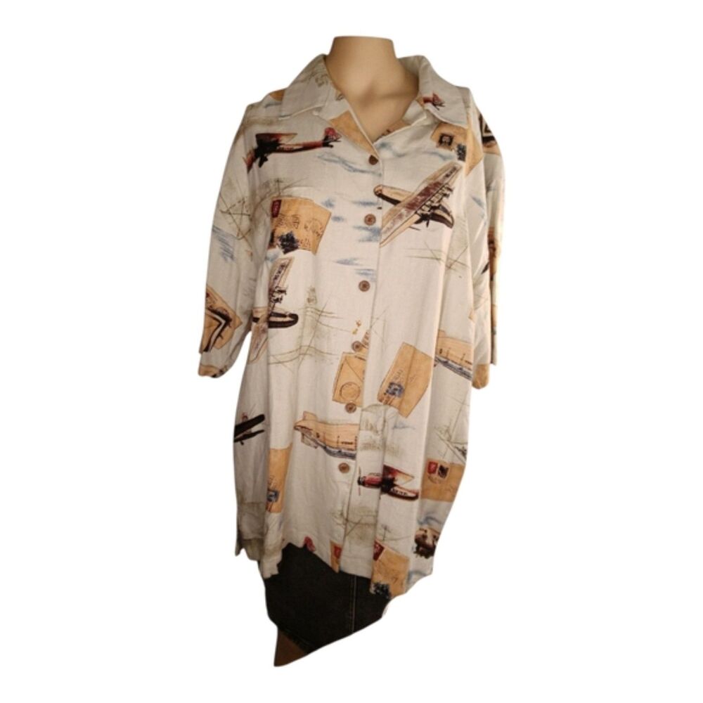 Summa Beige Airplane Print Linen Rayon Shirt